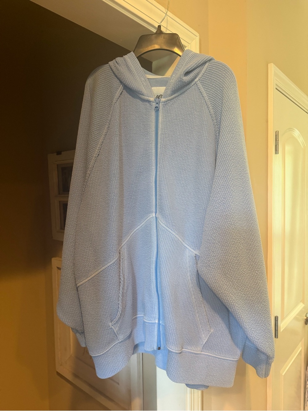 aerie Soft Light Blue Hooded Knit Super Oversized Zip-Up